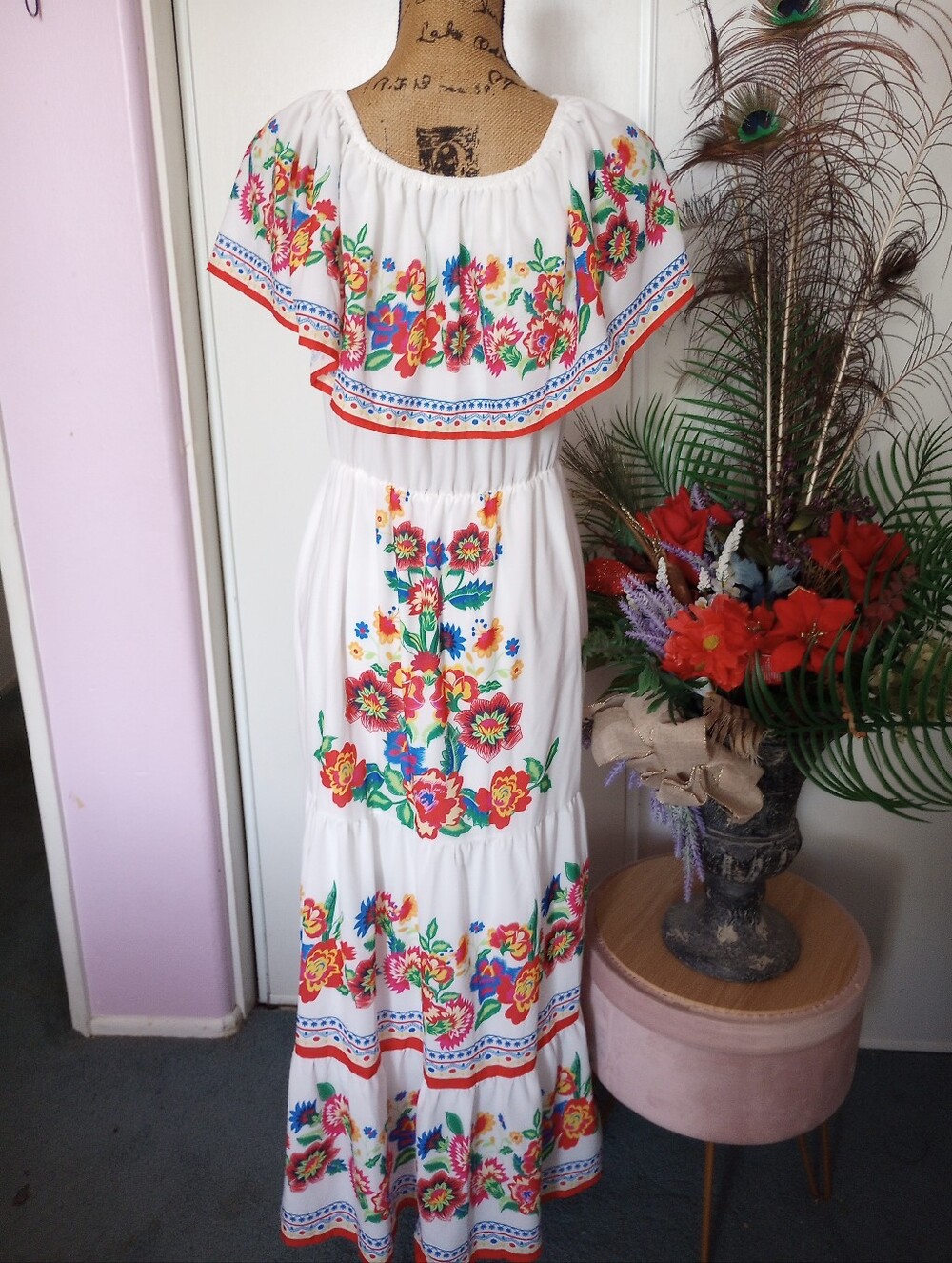 White Floral Mexican  Maxi Dress